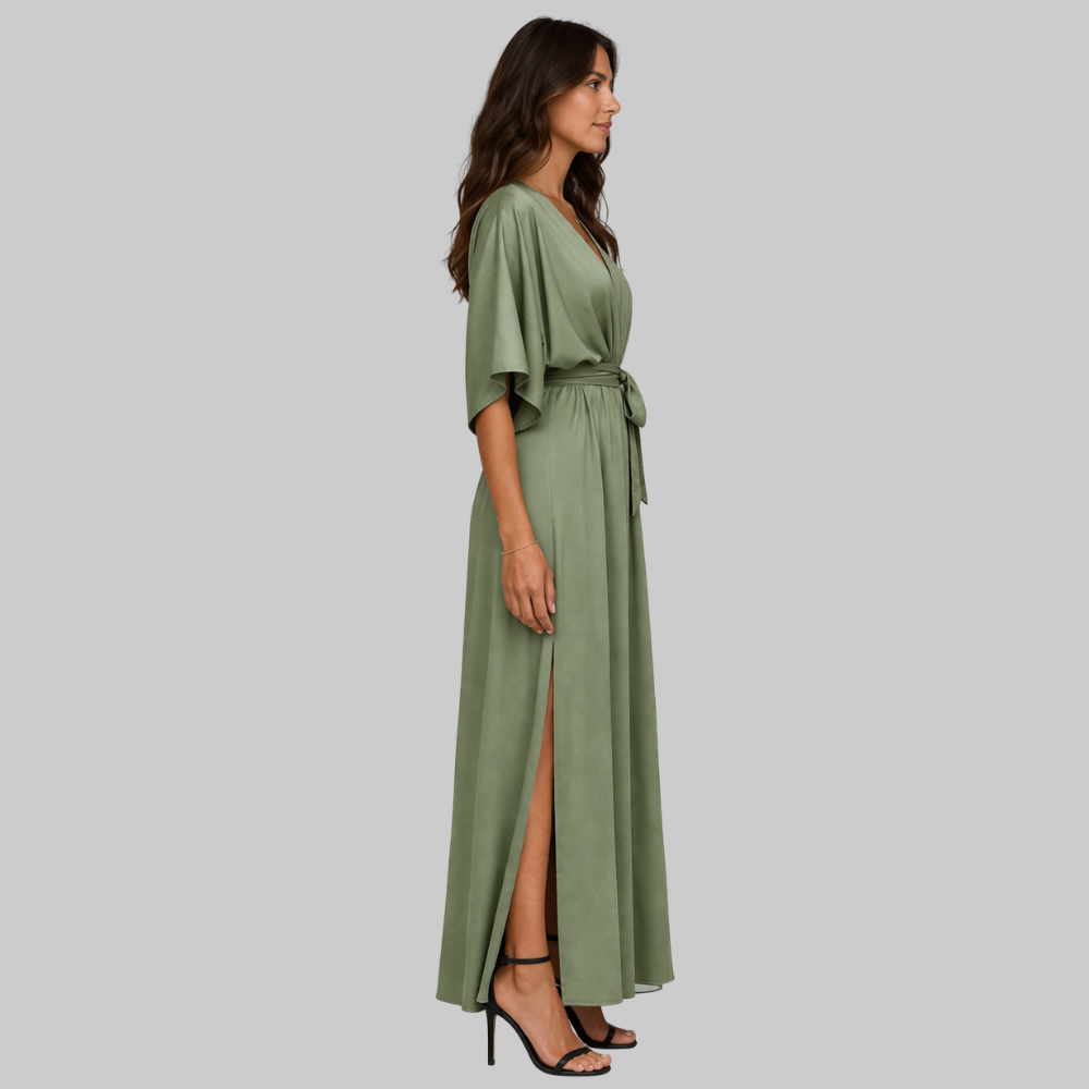 Amara Robe Longue Femme – Élégante, Col V & Ceinture en Tissu Fluide