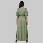 Amara Robe Longue Femme – Élégante, Col V & Ceinture en Tissu Fluide