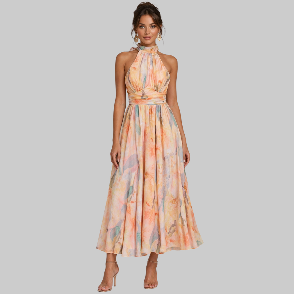 Soraya Abito Donna Maxi Elegante – Vestito Halter con Schiena Scoperta e Stampa Floreale