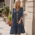 Avana Robe Femme Florale – Robe Col V, Manches 3/4, Fluide Élégante Décontractée