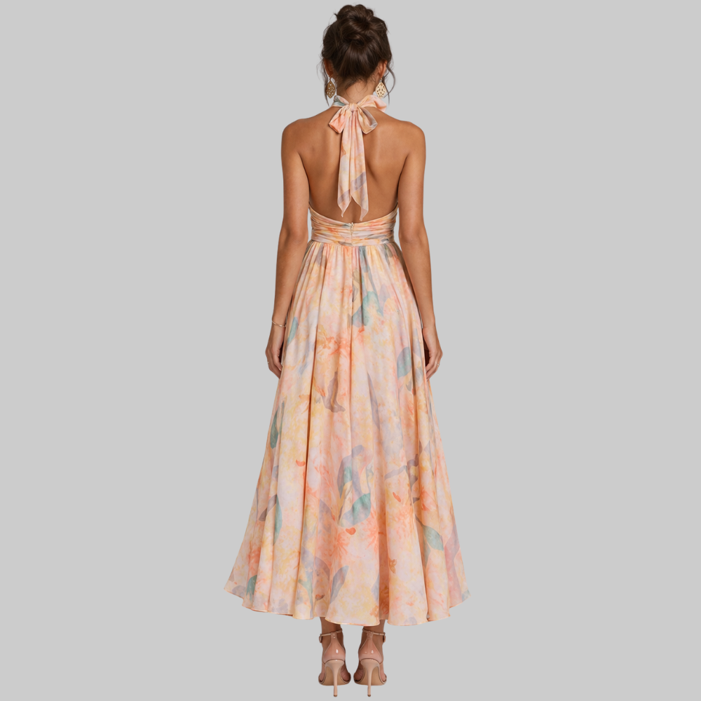Soraya Abito Donna Maxi Elegante – Vestito Halter con Schiena Scoperta e Stampa Floreale
