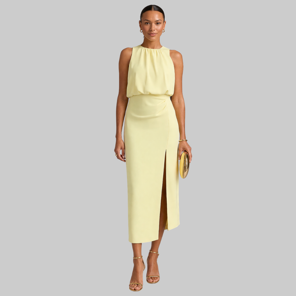 Liene Abito Donna Midi Elegante – Vestito Senza Maniche con Collo Alto e Spacco Frontale