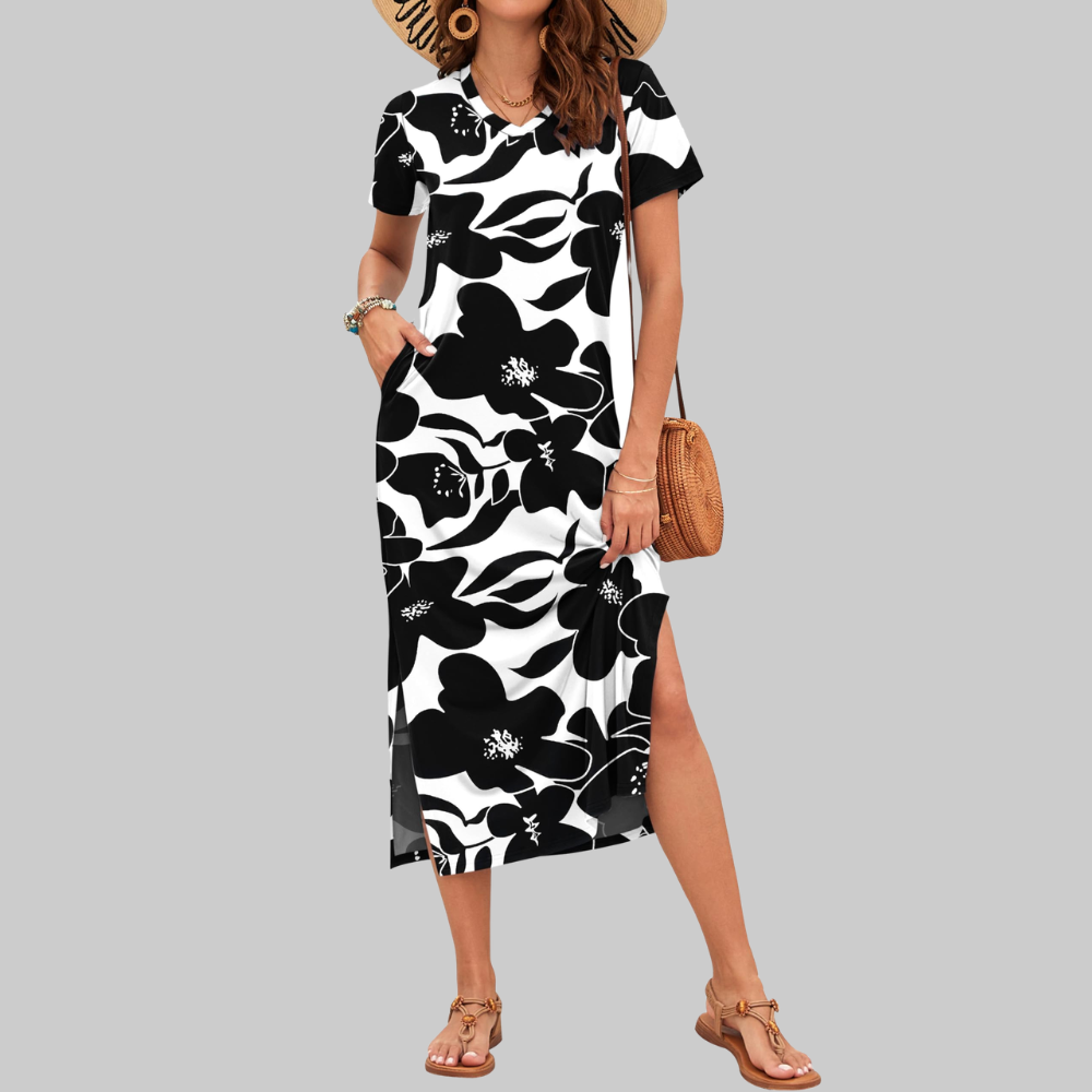 Isabelle Abito Maxi Donna – Vestito Estivo con Scollo a V, Maniche Corte e Spacco