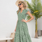 Bella Robe Midi Femme – Robe d'Été A-Line avec Col en V, Volants et Poches