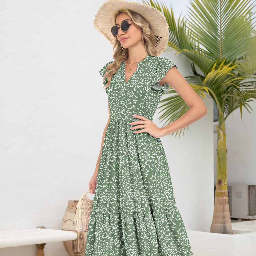 Bella Vestido Midi para Mujer – Vestido de Verano en Línea A con Escote en V, Volantes y Bolsillos