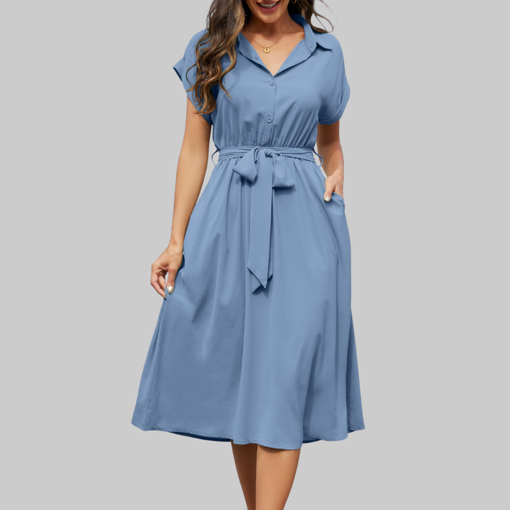 Audrey Vestido Camisa para Mujer – Vestido Midi con Escote en V, Mangas Cortas y Bolsillos