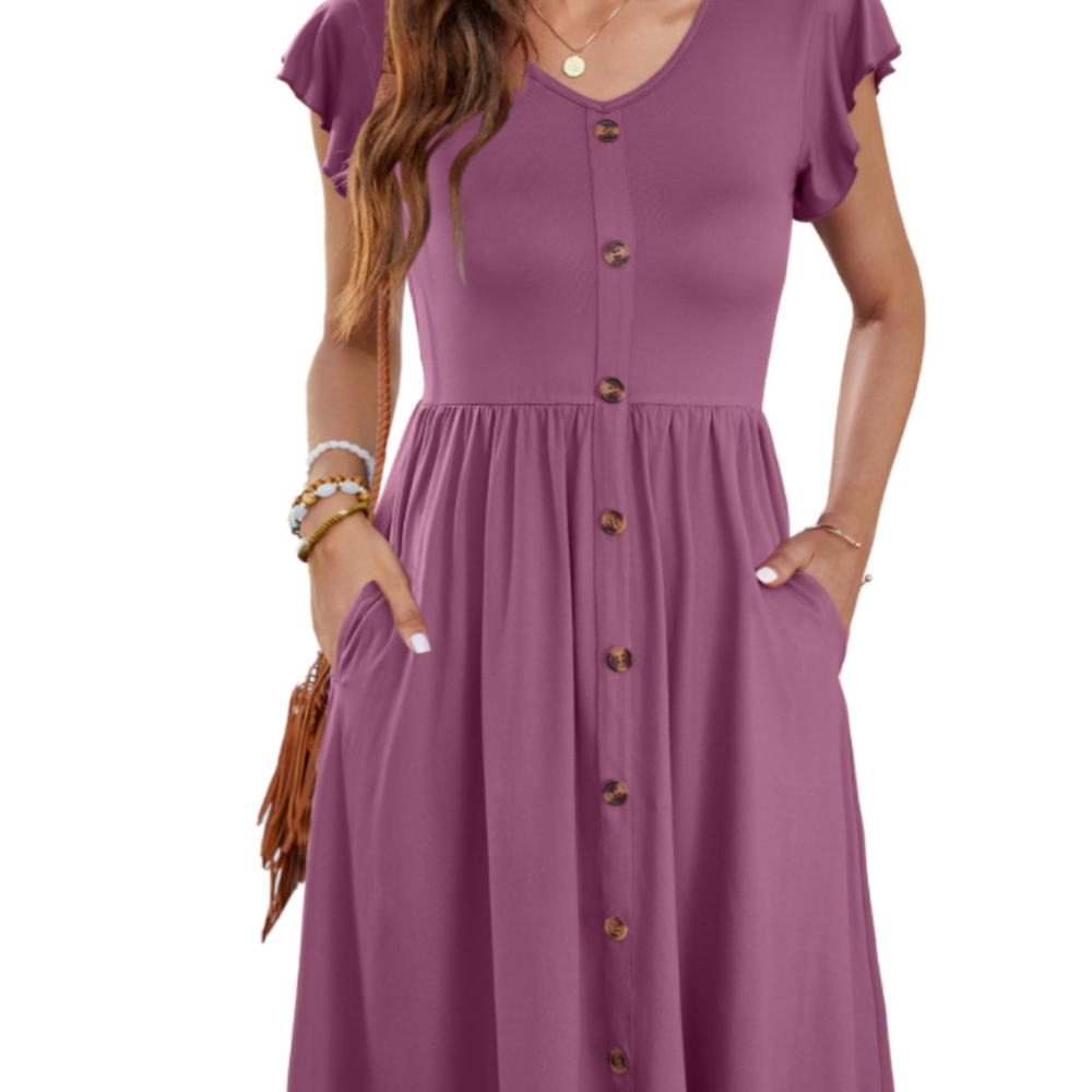 Amelia Vestido Midi para Mujer – Vestido de Verano con Escote en V, Volantes y Bolsillos