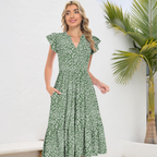 Bella Robe Midi Femme – Robe d'Été A-Line avec Col en V, Volants et Poches