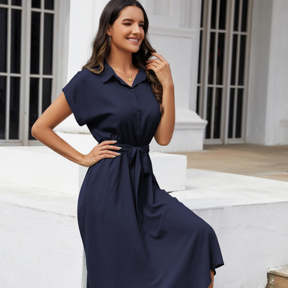 Audrey Abito Camicia Donna – Vestito Midi con Scollo a V, Maniche Corte e Tasche