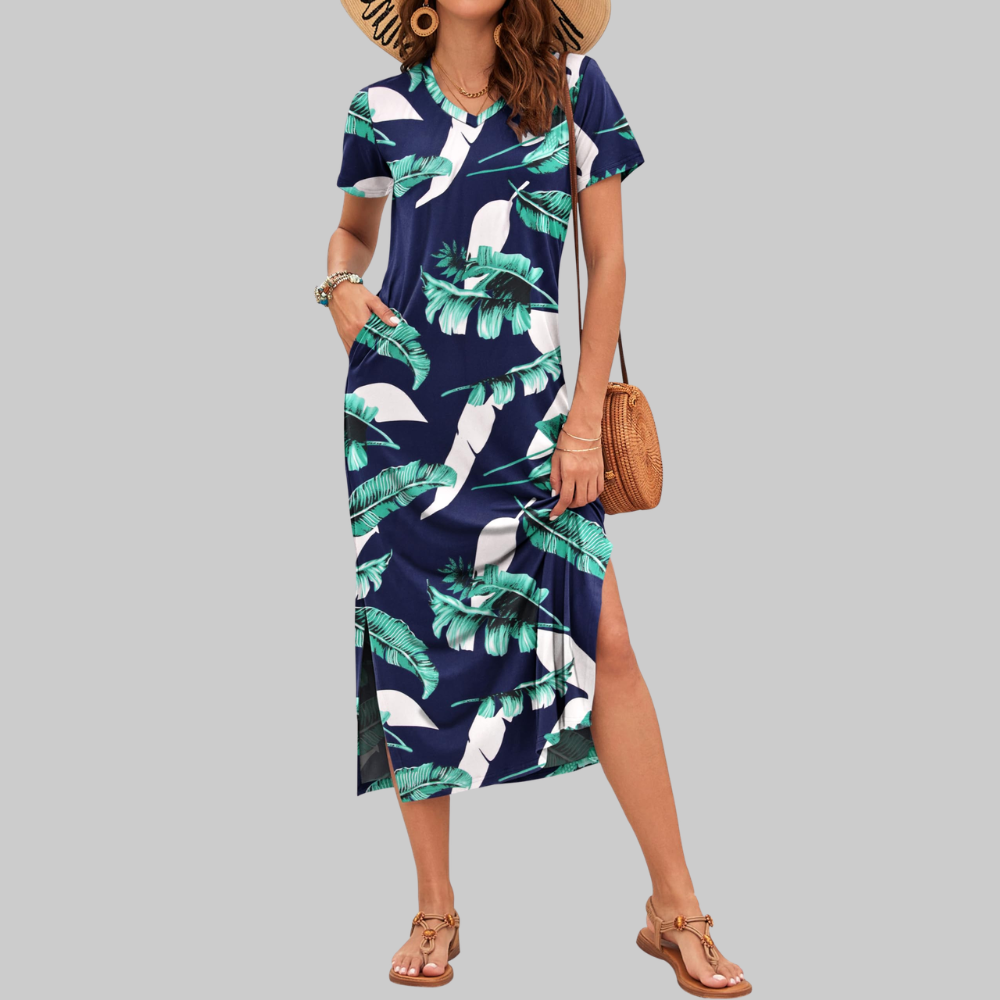 Isabelle Abito Maxi Donna – Vestito Estivo con Scollo a V, Maniche Corte e Spacco