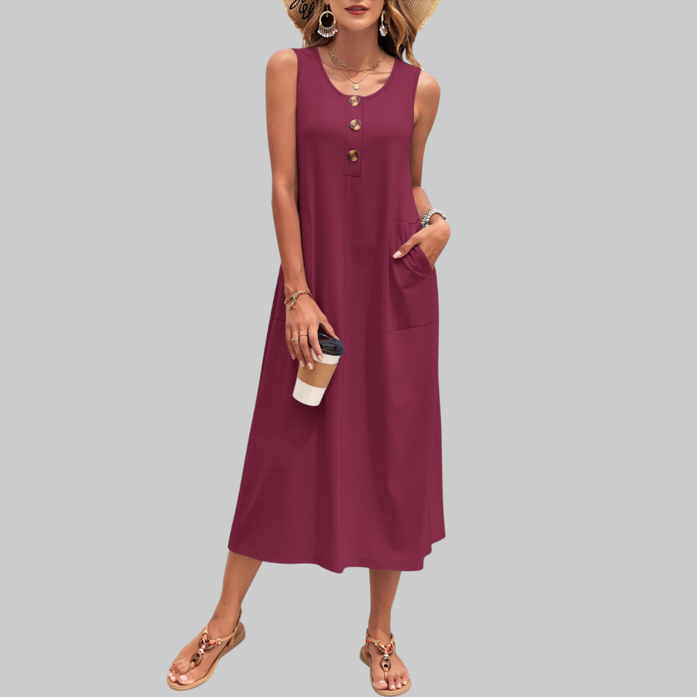 Arianne Abito Maxi Donna – Vestito Estivo Senza Maniche con Bottoni e Tasche