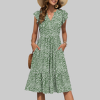 Bella Robe Midi Femme – Robe d'Été A-Line avec Col en V, Volants et Poches