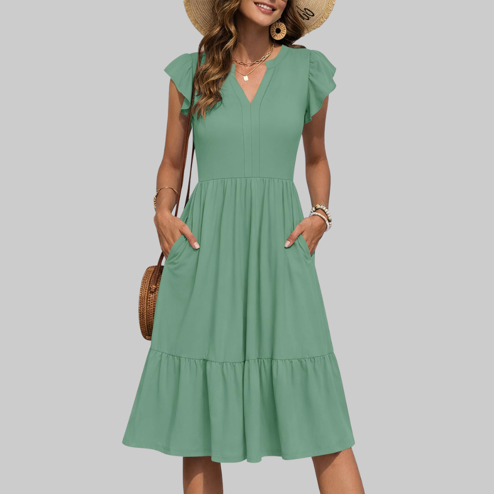 Bella Vestido Midi para Mujer – Vestido de Verano en Línea A con Escote en V, Volantes y Bolsillos