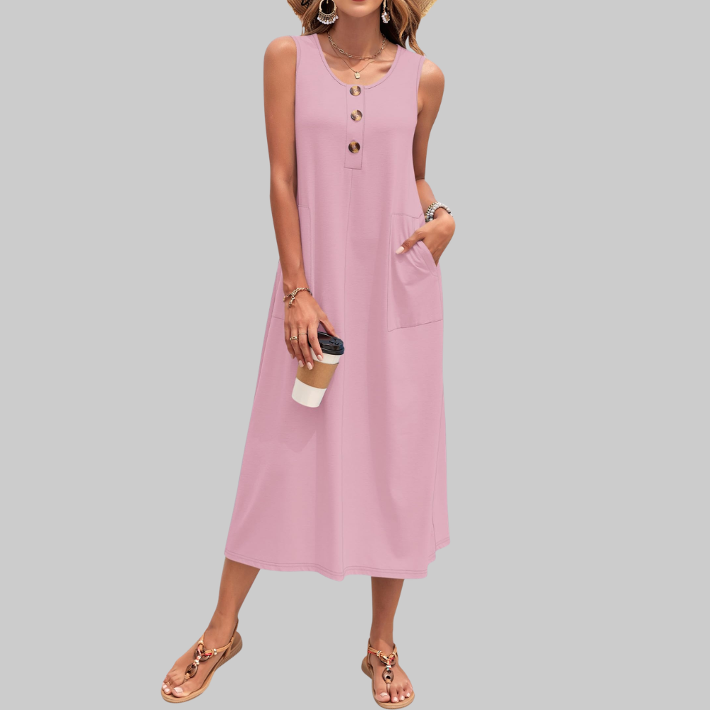 Arianne Abito Maxi Donna – Vestito Estivo Senza Maniche con Bottoni e Tasche