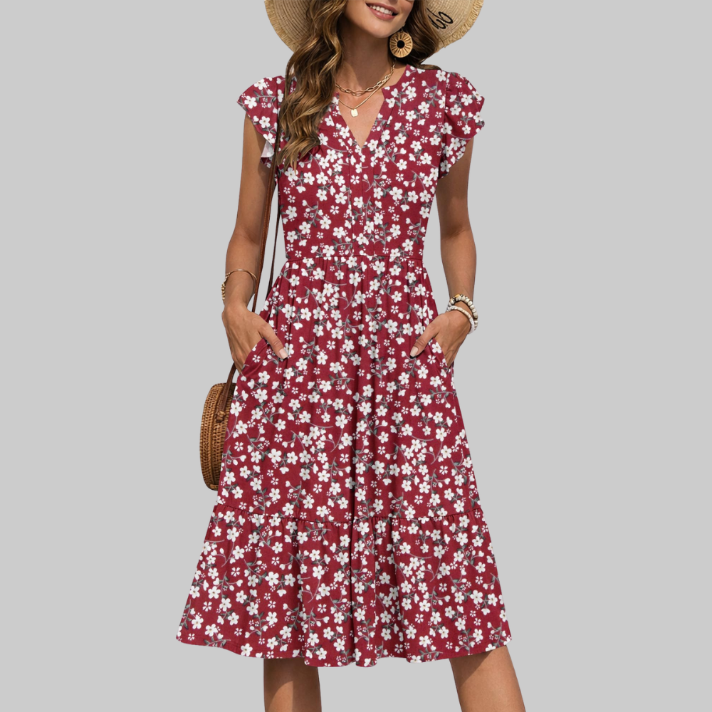 Bella Vestido Midi para Mujer – Vestido de Verano en Línea A con Escote en V, Volantes y Bolsillos