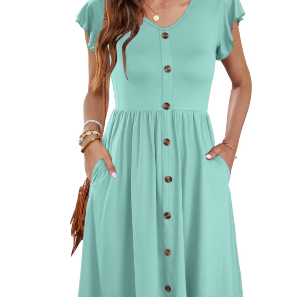 Amelia Vestido Midi para Mujer – Vestido de Verano con Escote en V, Volantes y Bolsillos
