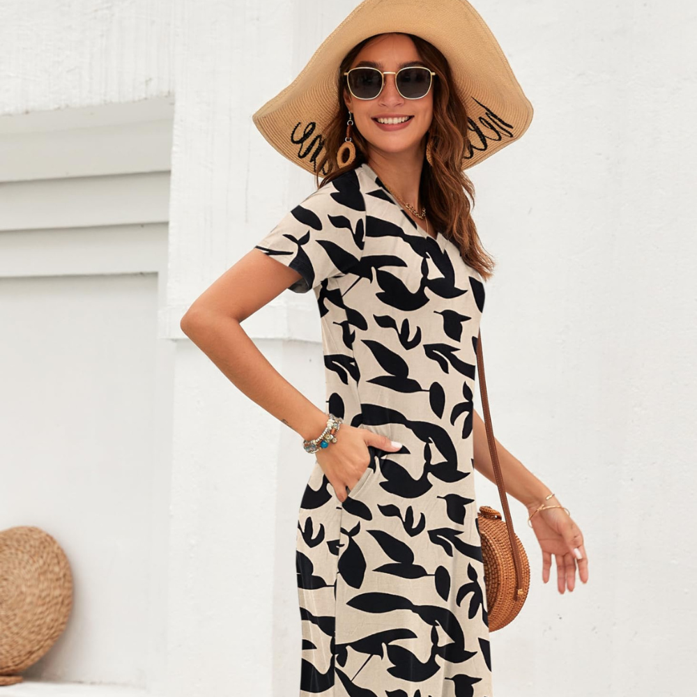 Isabelle Abito Maxi Donna – Vestito Estivo con Scollo a V, Maniche Corte e Spacco