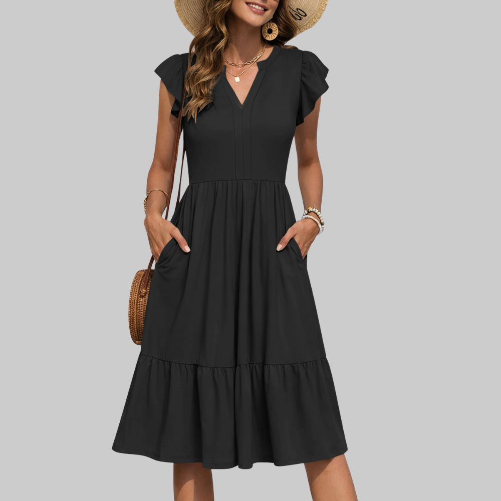 Bella Vestido Midi para Mujer – Vestido de Verano en Línea A con Escote en V, Volantes y Bolsillos
