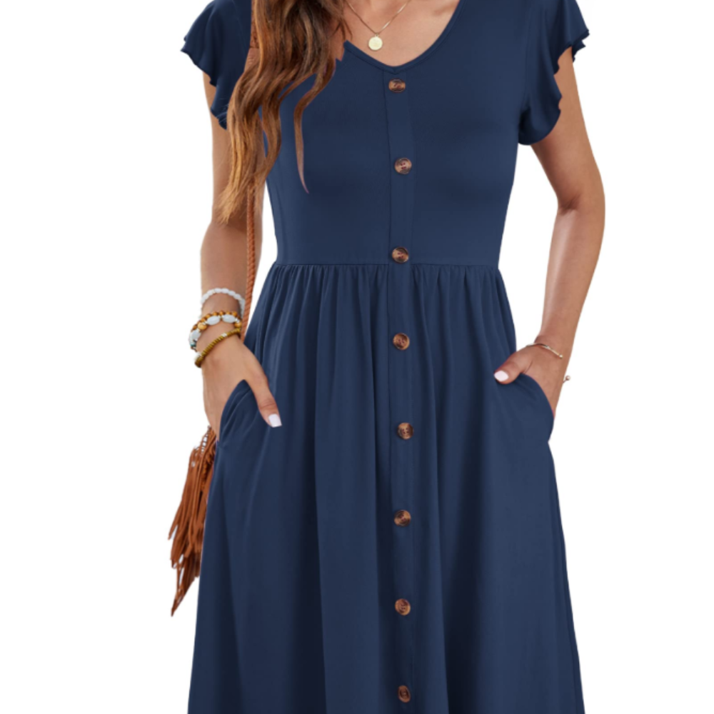 Amelia Vestido Midi para Mujer – Vestido de Verano con Escote en V, Volantes y Bolsillos