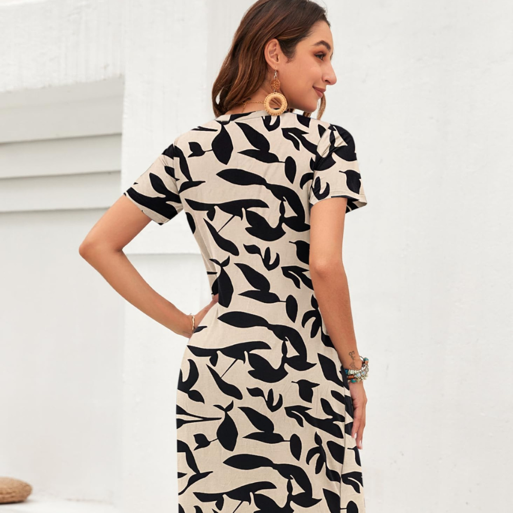 Isabelle Abito Maxi Femme – Robe d'Été avec Col en V, Manches Courtes et Fente