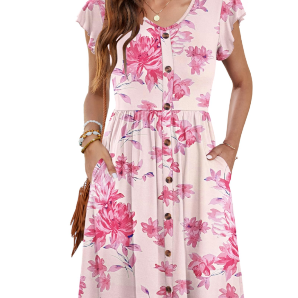 Amelia Vestido Midi para Mujer – Vestido de Verano con Escote en V, Volantes y Bolsillos