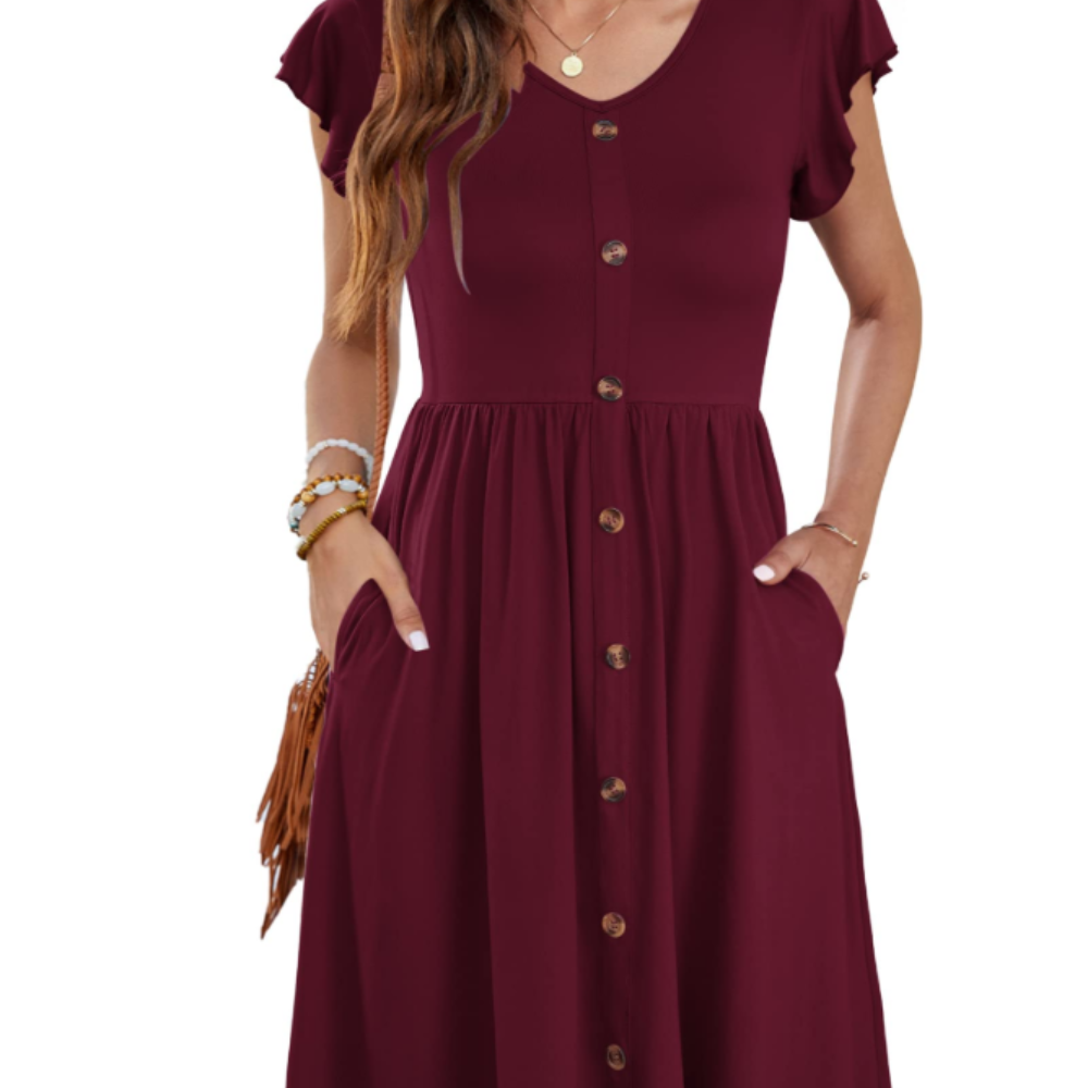 Amelia Vestido Midi para Mujer – Vestido de Verano con Escote en V, Volantes y Bolsillos