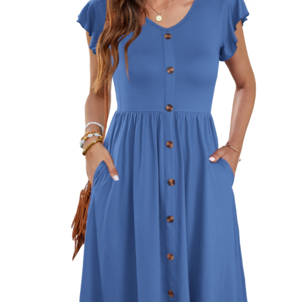 Amelia Vestido Midi para Mujer – Vestido de Verano con Escote en V, Volantes y Bolsillos