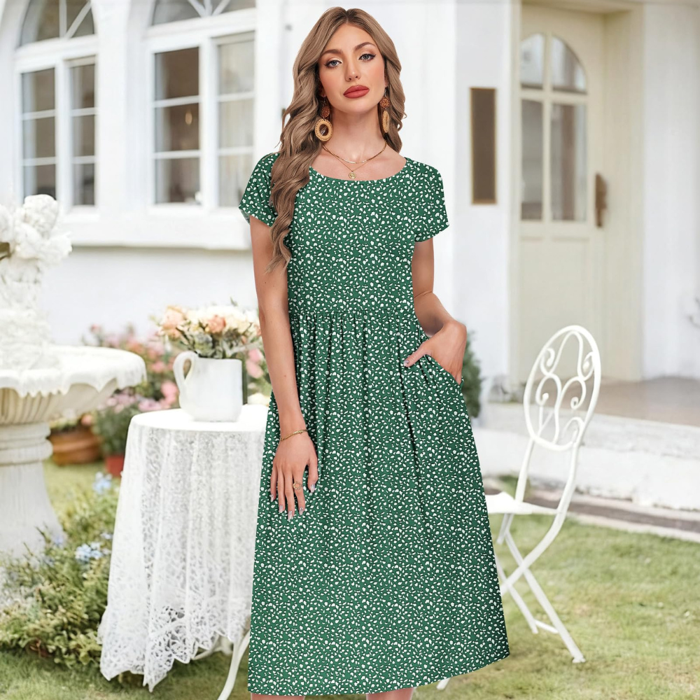 Mila Vestido Midi para Mujer – Vestido de Verano Línea A con Cuello Redondo, Mangas Cortas y Bolsillos