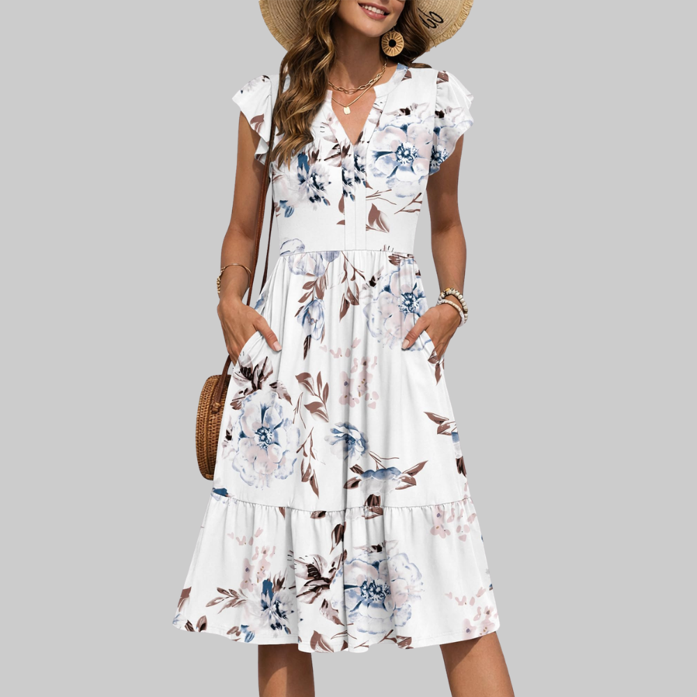 Bella Vestido Midi para Mujer – Vestido de Verano en Línea A con Escote en V, Volantes y Bolsillos