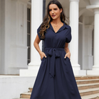 Audrey Abito Camicia Donna – Vestito Midi con Scollo a V, Maniche Corte e Tasche