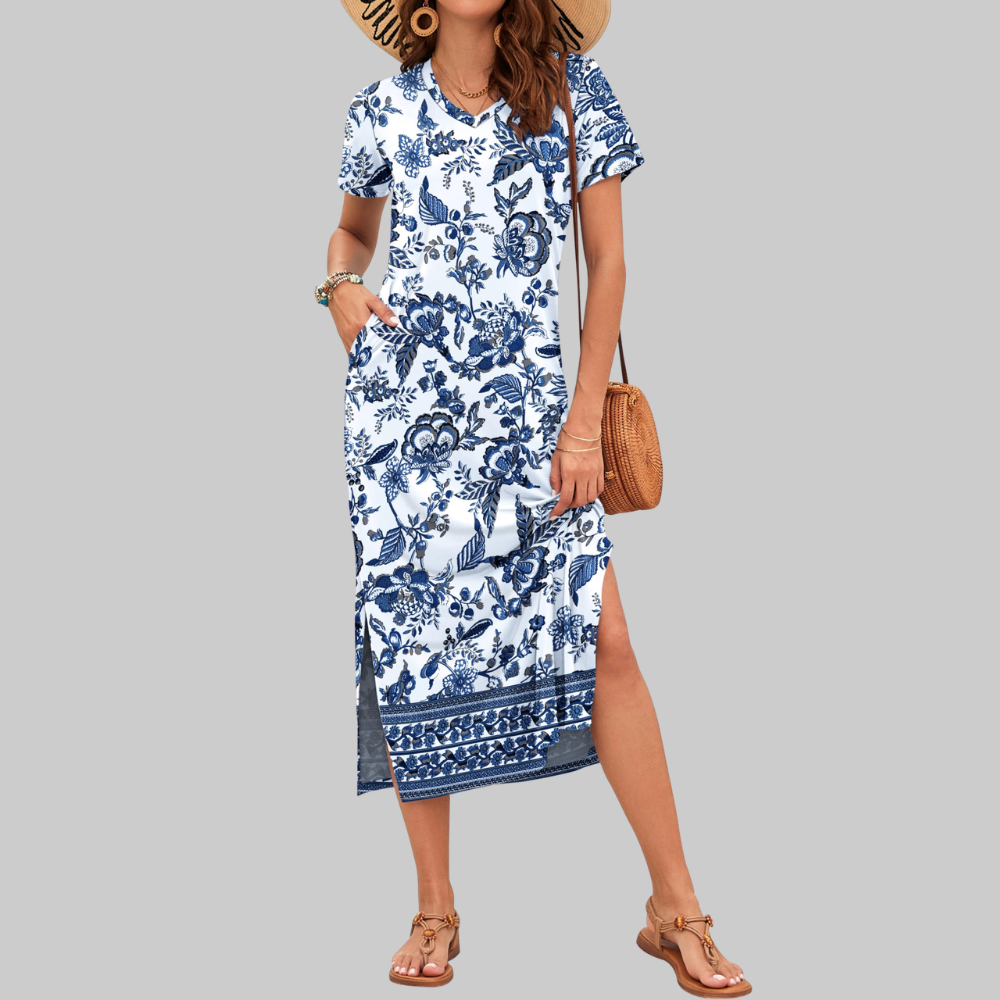 Isabelle Abito Maxi Donna – Vestito Estivo con Scollo a V, Maniche Corte e Spacco