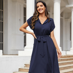 Audrey Abito Camicia Donna – Vestito Midi con Scollo a V, Maniche Corte e Tasche