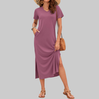 Isabelle Abito Maxi Femme – Robe d'Été avec Col en V, Manches Courtes et Fente