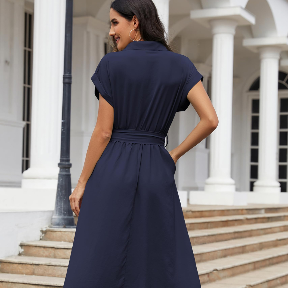 Audrey Vestido Camisa para Mujer – Vestido Midi con Escote en V, Mangas Cortas y Bolsillos