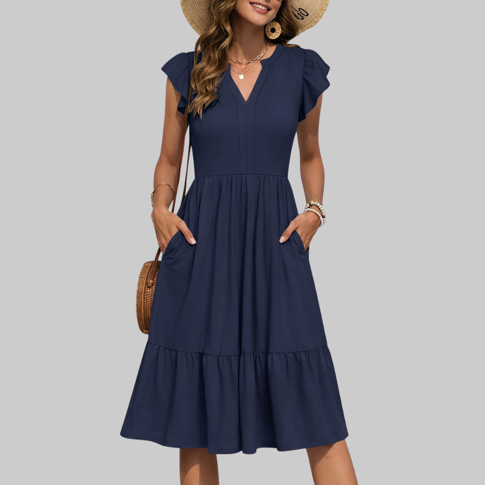 Bella Vestido Midi para Mujer – Vestido de Verano en Línea A con Escote en V, Volantes y Bolsillos