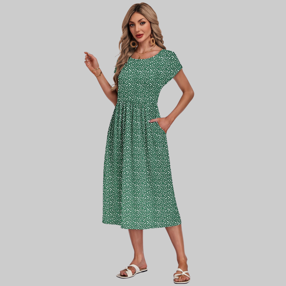 Mila Vestido Midi para Mujer – Vestido de Verano Línea A con Cuello Redondo, Mangas Cortas y Bolsillos