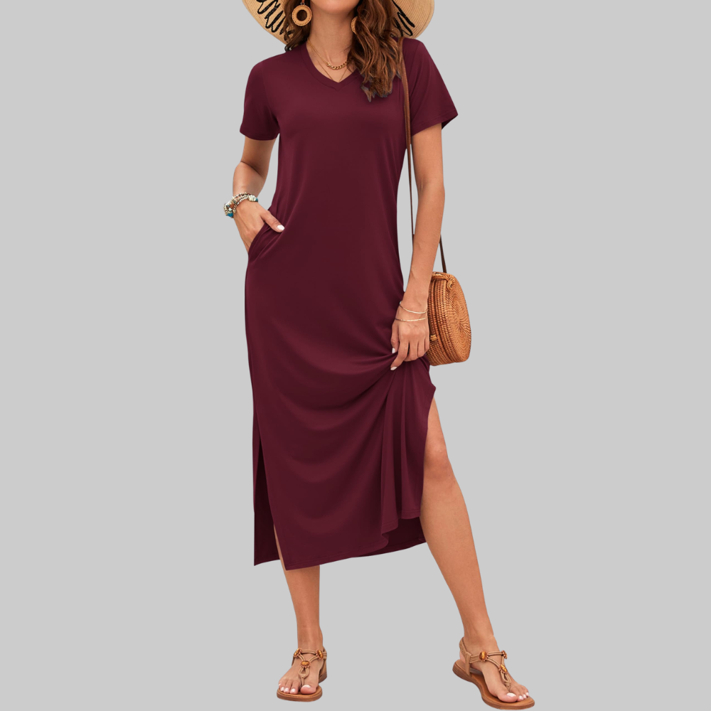 Isabelle Abito Maxi Donna – Vestito Estivo con Scollo a V, Maniche Corte e Spacco