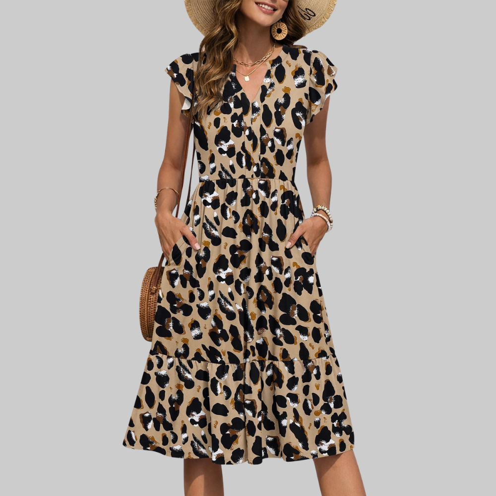 Bella Vestido Midi para Mujer – Vestido de Verano en Línea A con Escote en V, Volantes y Bolsillos