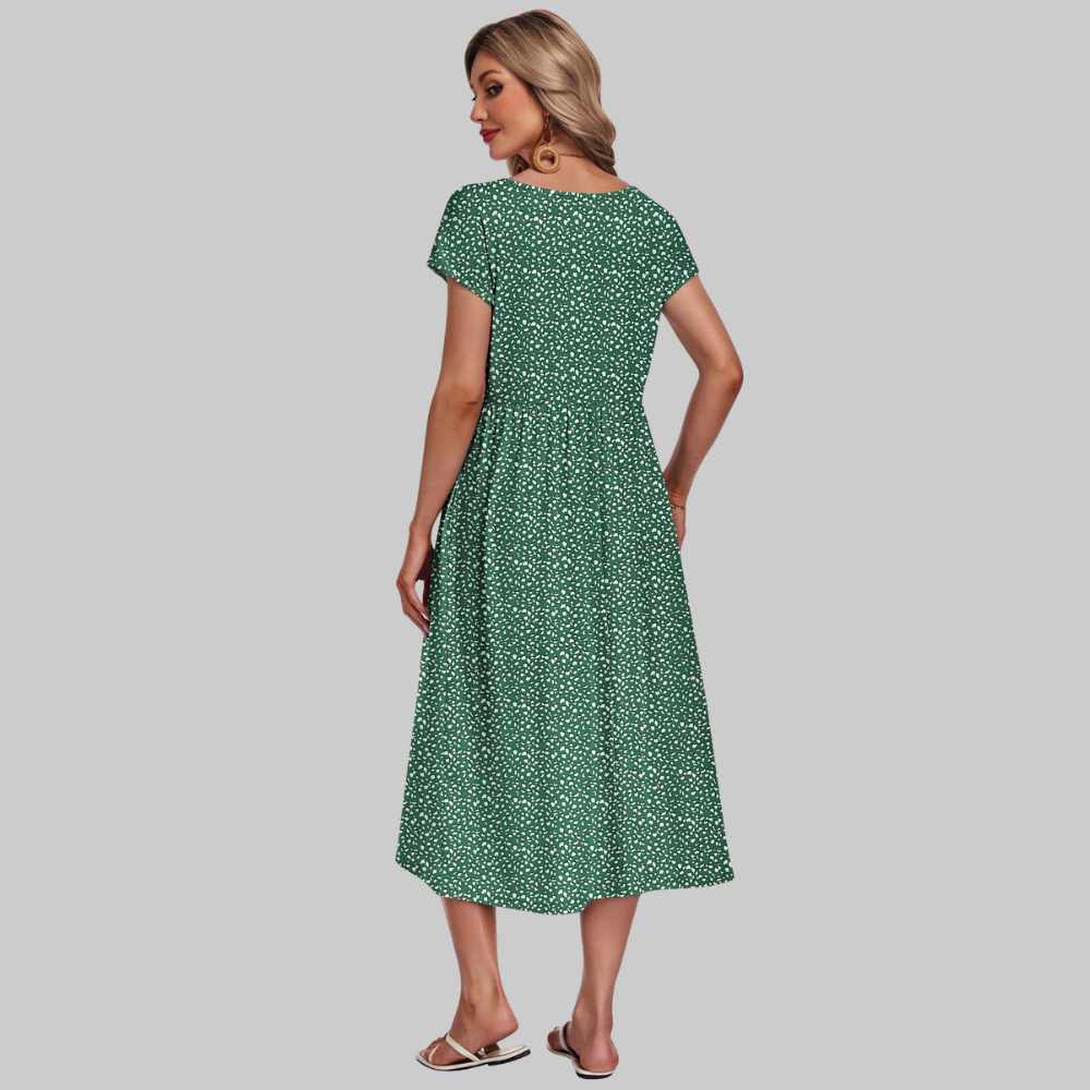 Mila Vestido Midi para Mujer – Vestido de Verano Línea A con Cuello Redondo, Mangas Cortas y Bolsillos