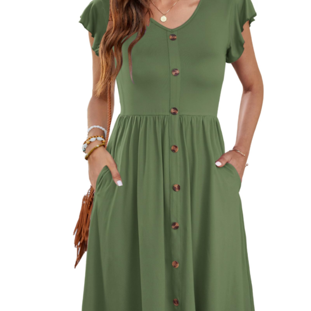 Amelia Vestido Midi para Mujer – Vestido de Verano con Escote en V, Volantes y Bolsillos