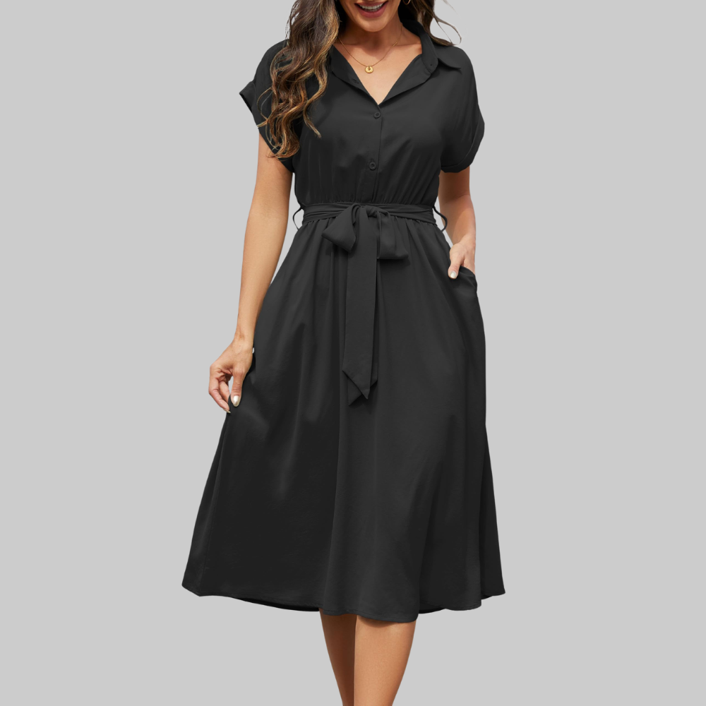 Audrey Abito Camicia Donna – Vestito Midi con Scollo a V, Maniche Corte e Tasche