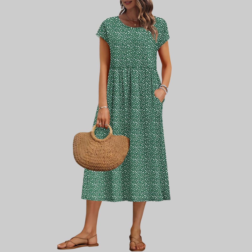 Mila Abito Midi Donna – Vestito Estivo A-Line con Girocollo, Maniche Corte e Tasche