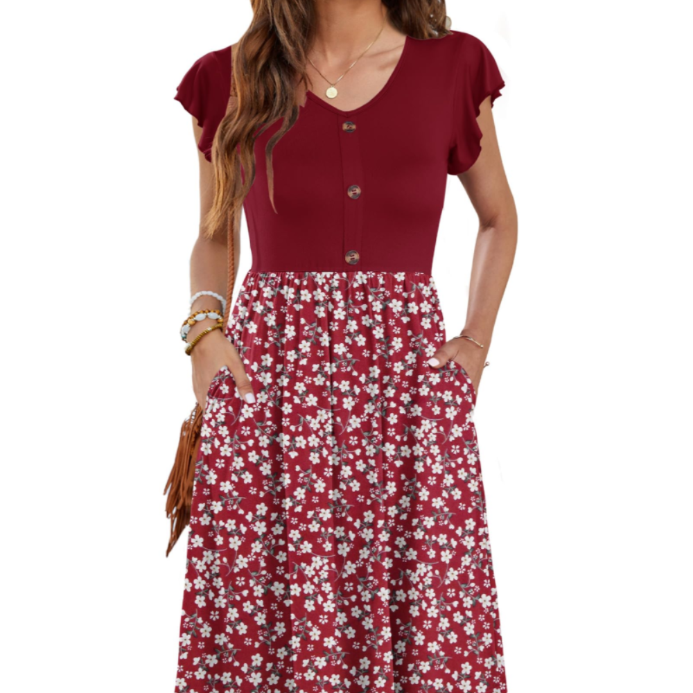 Amelia Vestido Midi para Mujer – Vestido de Verano con Escote en V, Volantes y Bolsillos