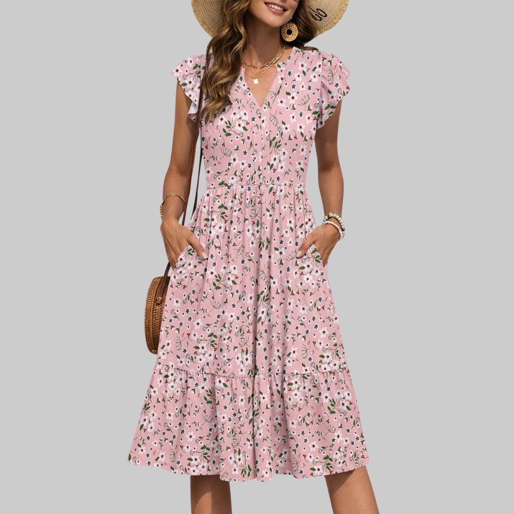 Bella Vestido Midi para Mujer – Vestido de Verano en Línea A con Escote en V, Volantes y Bolsillos