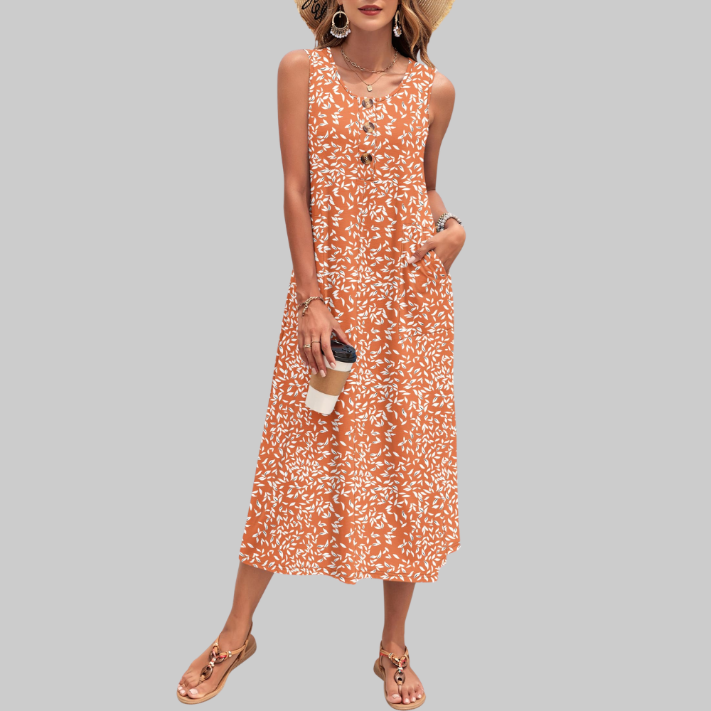 Arianne Abito Maxi Donna – Vestito Estivo Senza Maniche con Bottoni e Tasche