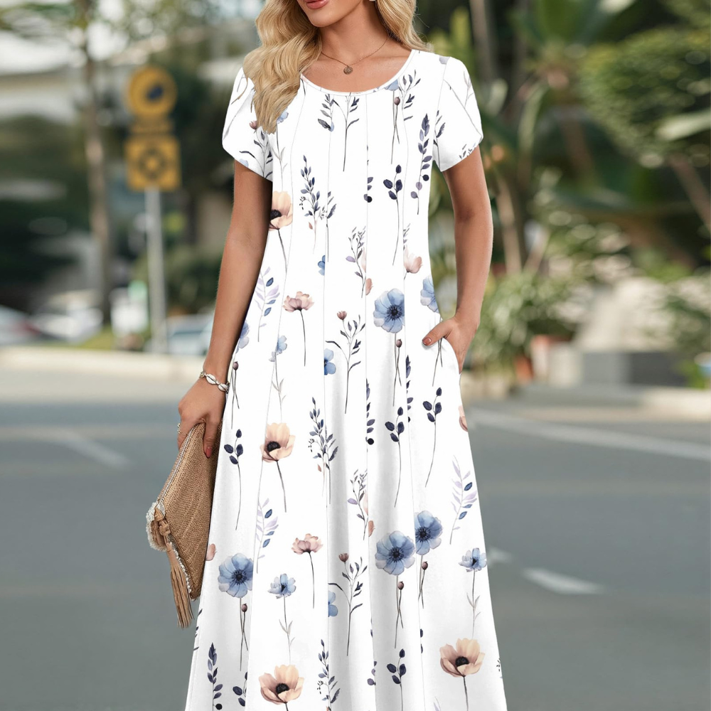Vestido Midi Hannah Abito para Mujer – Vestido Línea A con Mangas Abullonadas, Pliegues y Bolsillos
