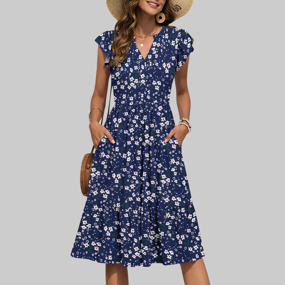 Bella Vestido Midi para Mujer – Vestido de Verano en Línea A con Escote en V, Volantes y Bolsillos