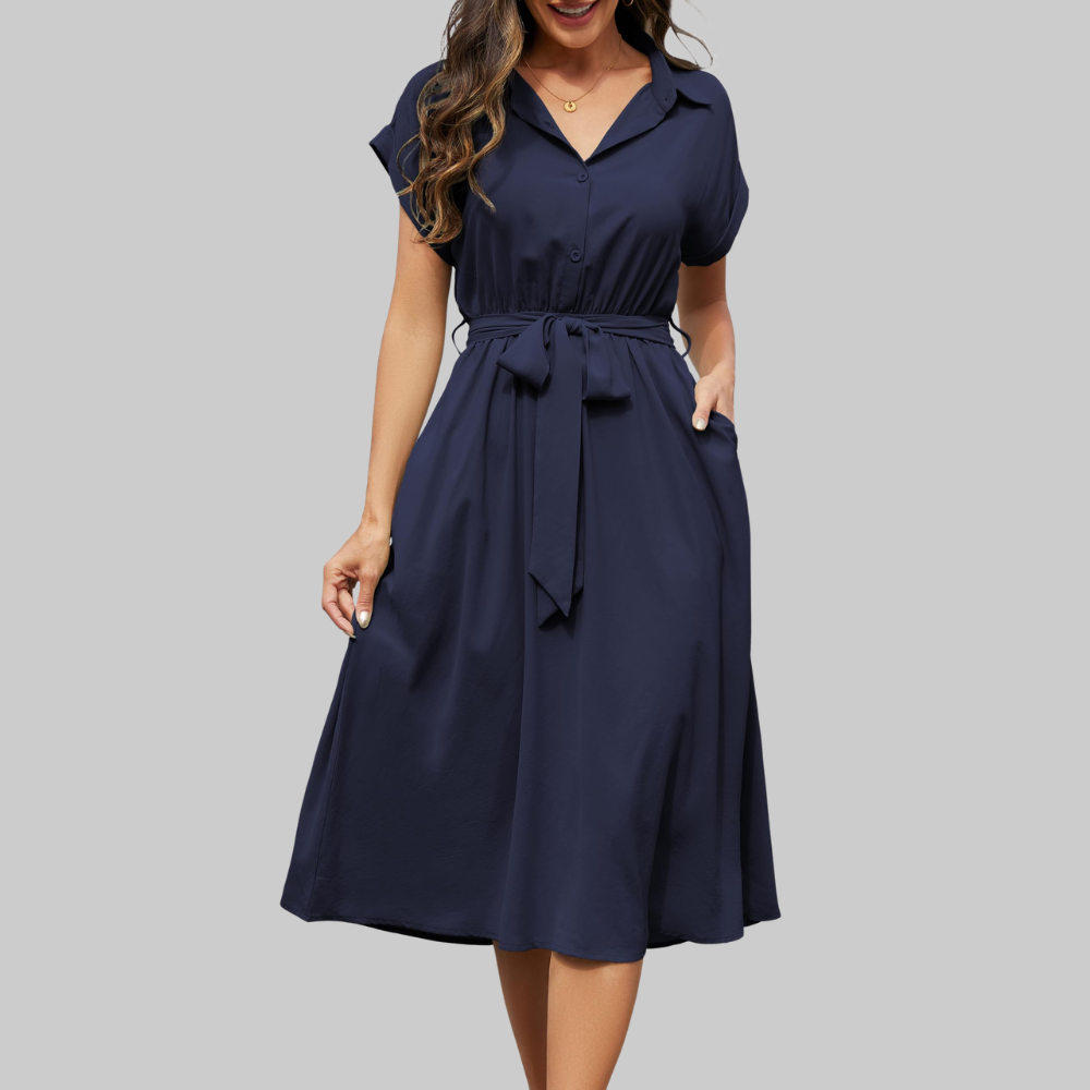 Audrey Vestido Camisa para Mujer – Vestido Midi con Escote en V, Mangas Cortas y Bolsillos