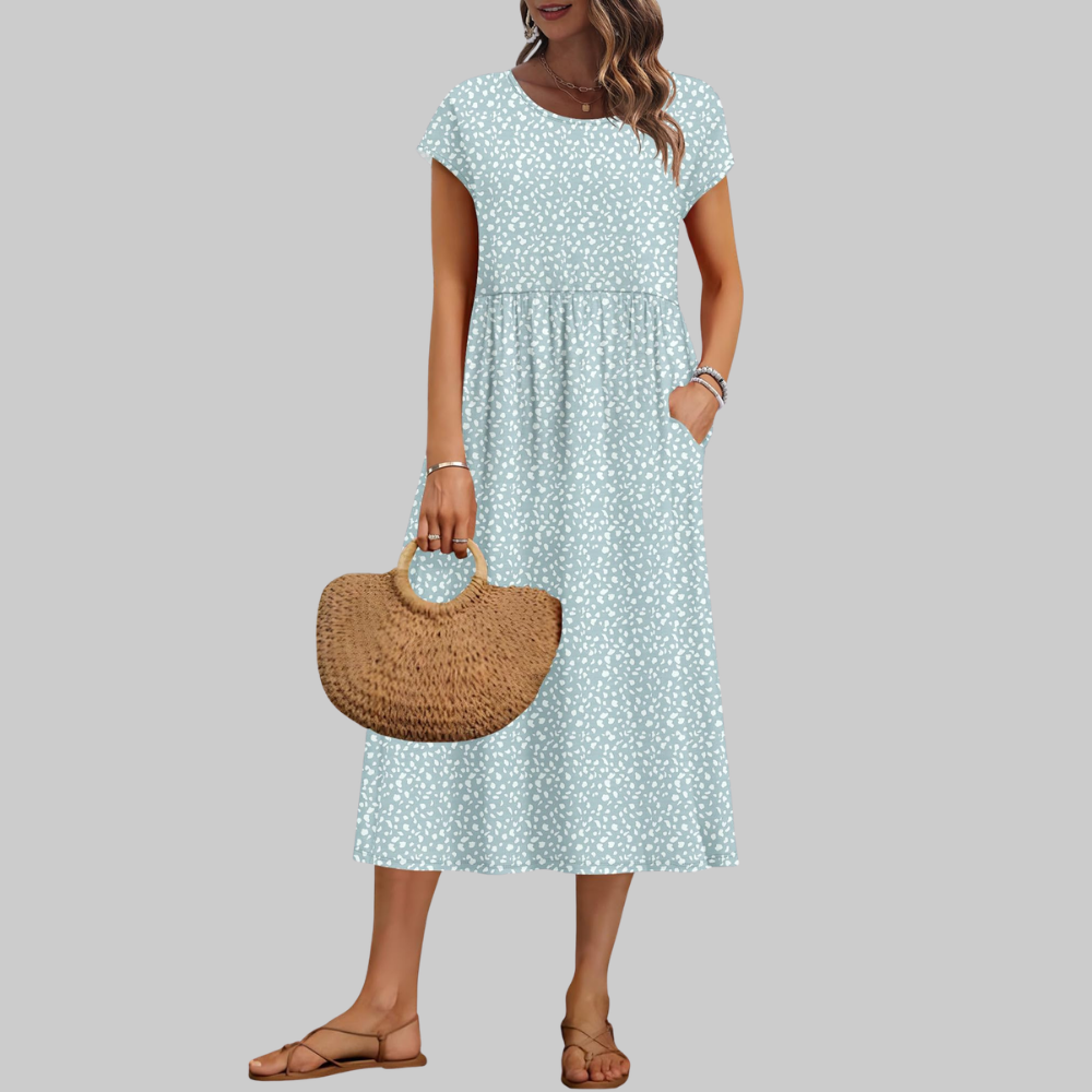 Mila Vestido Midi para Mujer – Vestido de Verano Línea A con Cuello Redondo, Mangas Cortas y Bolsillos