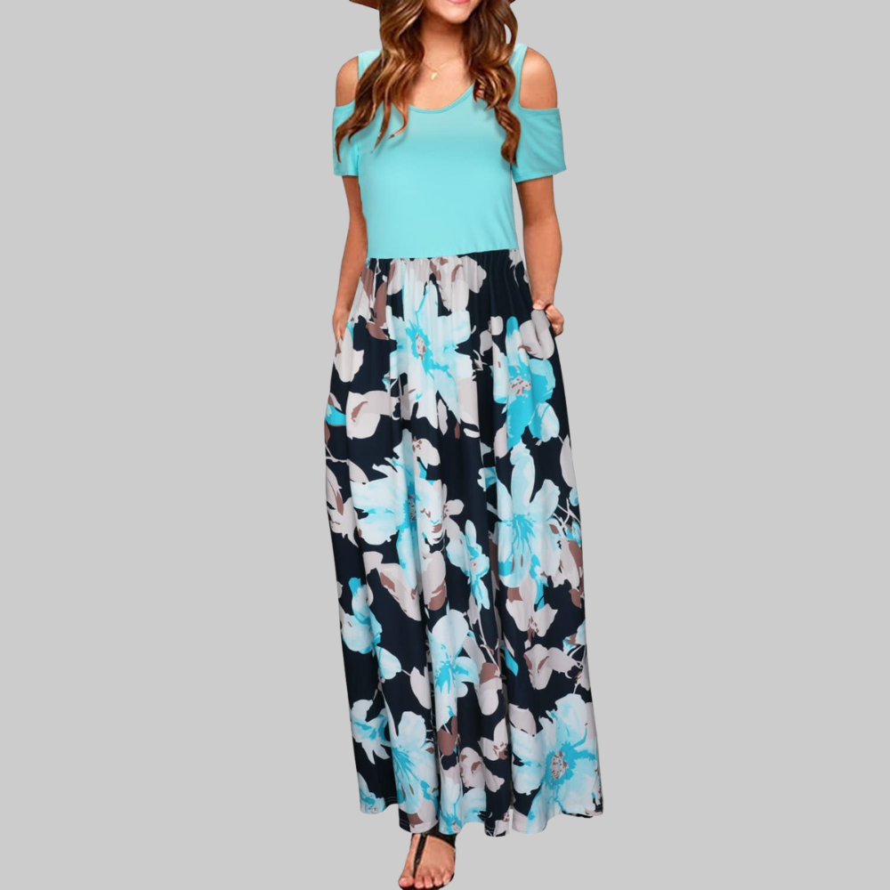 Natalie Women's Maxi Dress – Long Cold Shoulder Dress with Pockets